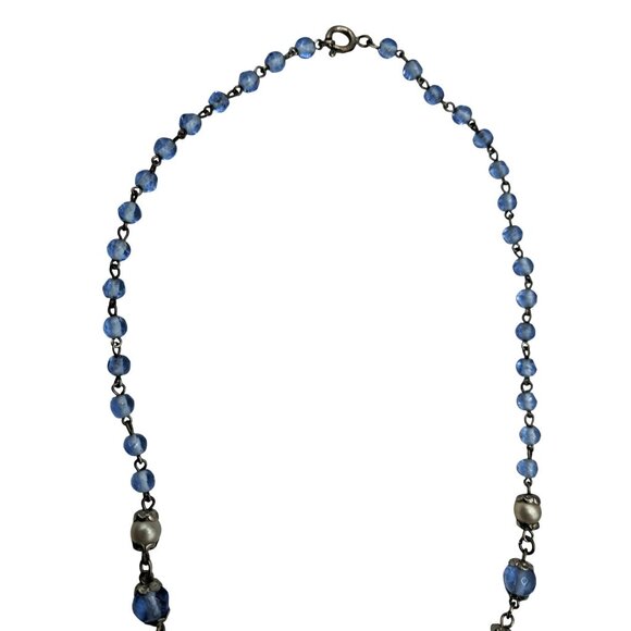 Vintage Blue Czech Glass Necklace Faux Pearl Silver Tone Bib With Teardrop Beads - Picture 5 of 9